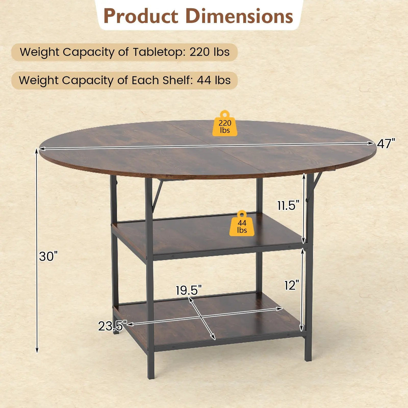 47 Inch Round Dining Table for 4-6 People Large Kitchen Table with 2-Tier Storage Shelves by DirectDeals