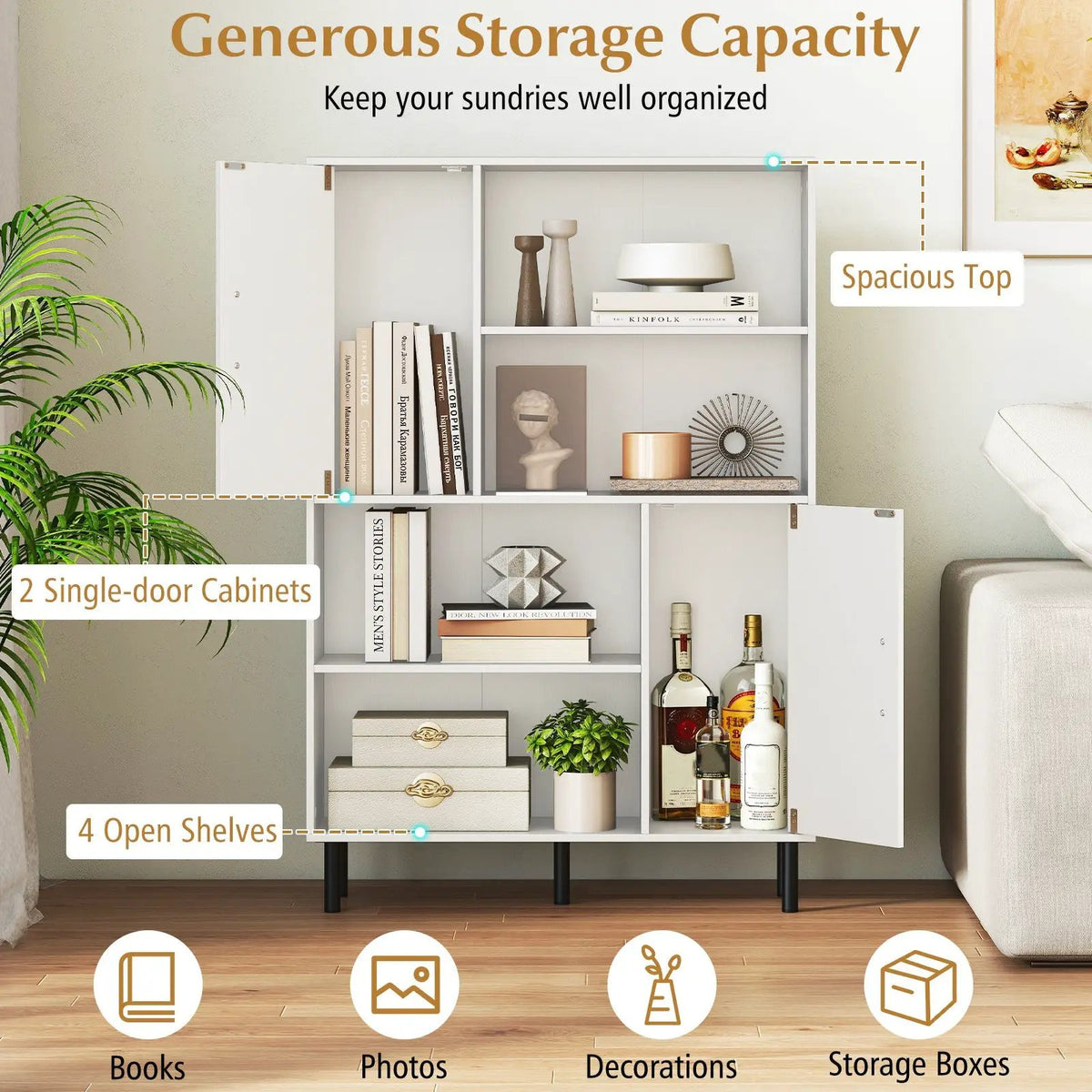 47 Inch Storage Cabinet Freestanding Bookcase with 2 Doors and 4 Open Shelves by DirectDeals
