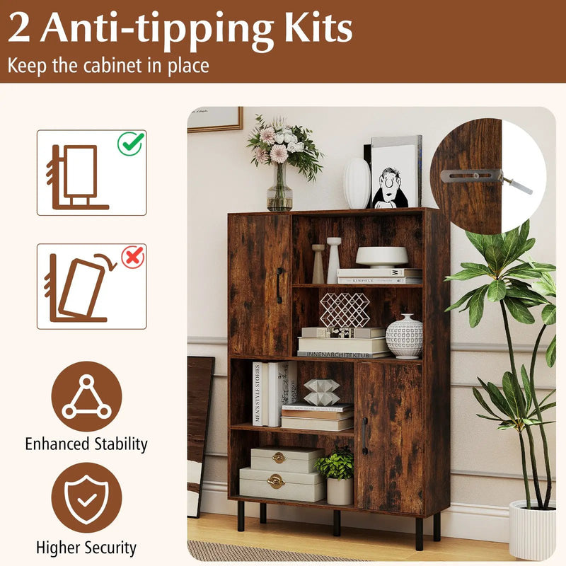 47 Inch Storage Cabinet Freestanding Bookcase with 2 Doors and 4 Open Shelves by DirectDeals