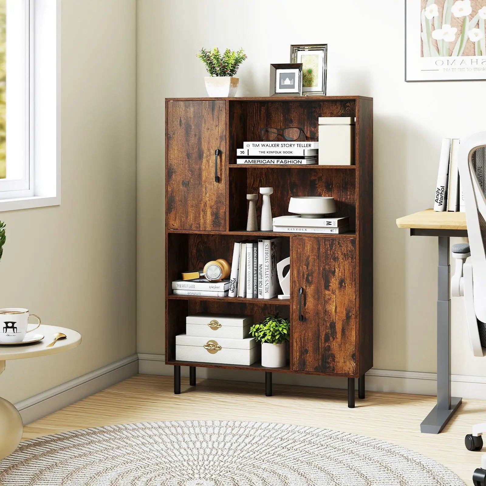 47 Inch Storage Cabinet Freestanding Bookcase with 2 Doors and 4 Open Shelves by DirectDeals