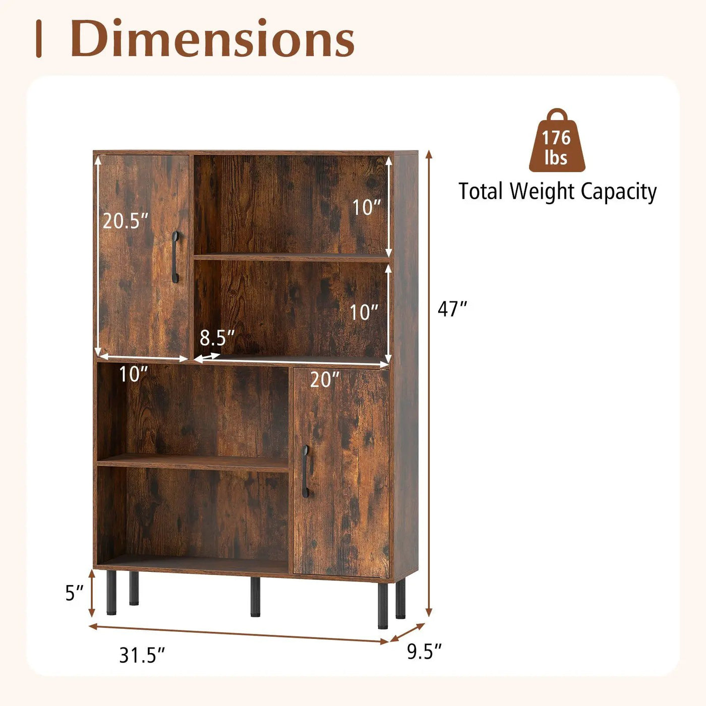47 Inch Storage Cabinet Freestanding Bookcase with 2 Doors and 4 Open Shelves by DirectDeals
