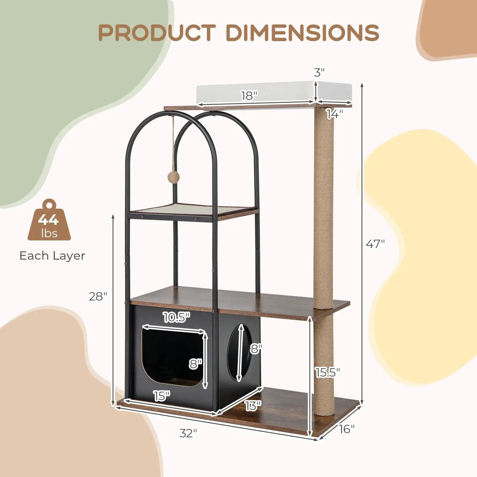 47 Inch Tall Cat Tree Tower Top Perch Cat Bed with Metal Frame by DirectDeals