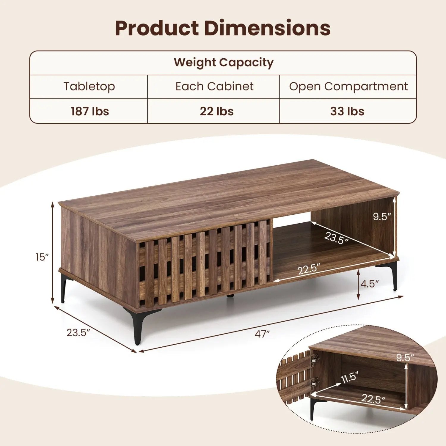 47 Inches Mid Century Coffee Table Farmhouse Wooden Center Table by DirectDeals