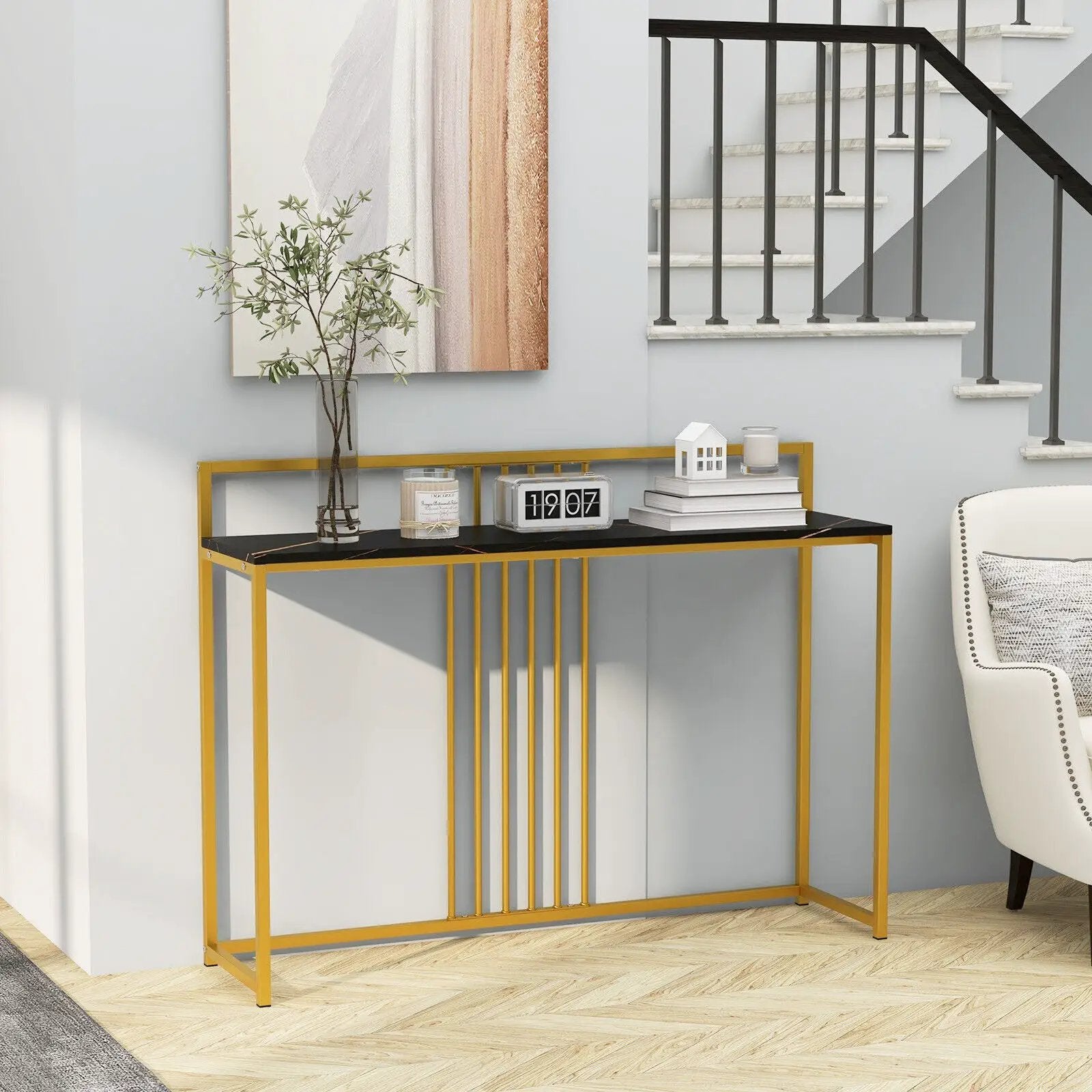 47 Inch Long Entryway Table with Faux Marble Top and Baffle by DirectDeals