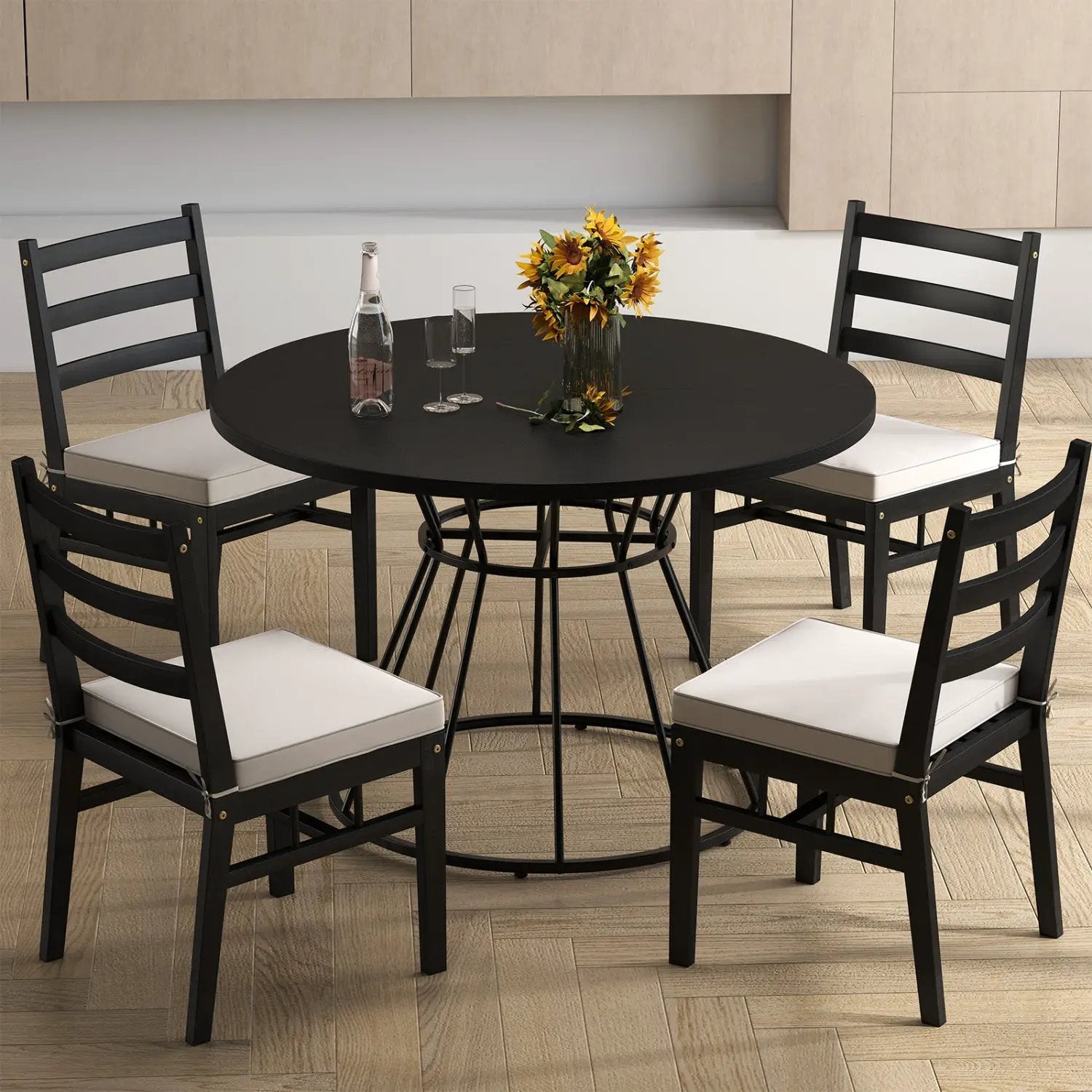 47 Inches Round Dining Table for 4 Farmhouse Kitchen Table with Wooden Tabletop by DirectDeals