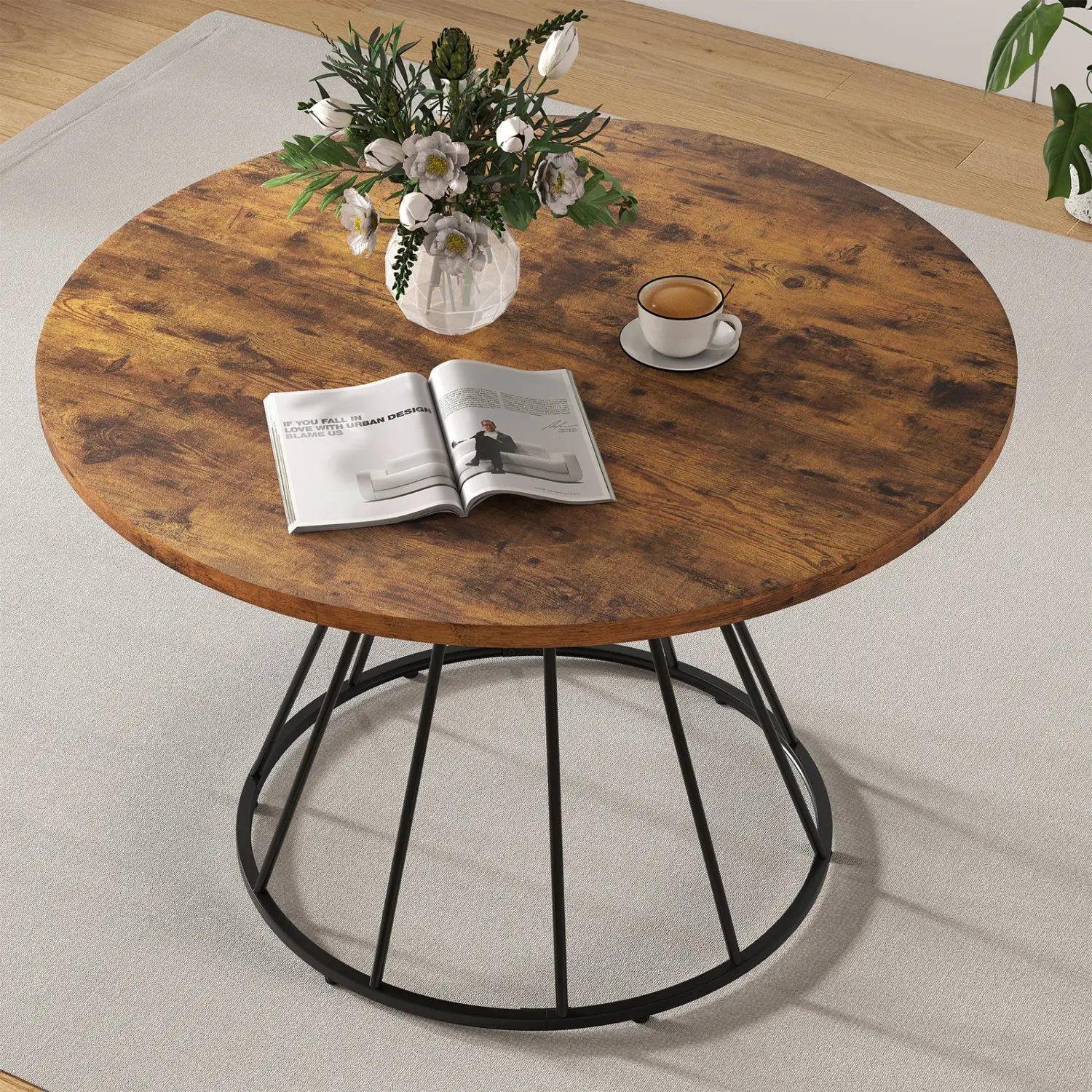 47 Inches Round Dining Table for 4 Farmhouse Kitchen Table with Wooden Tabletop by DirectDeals
