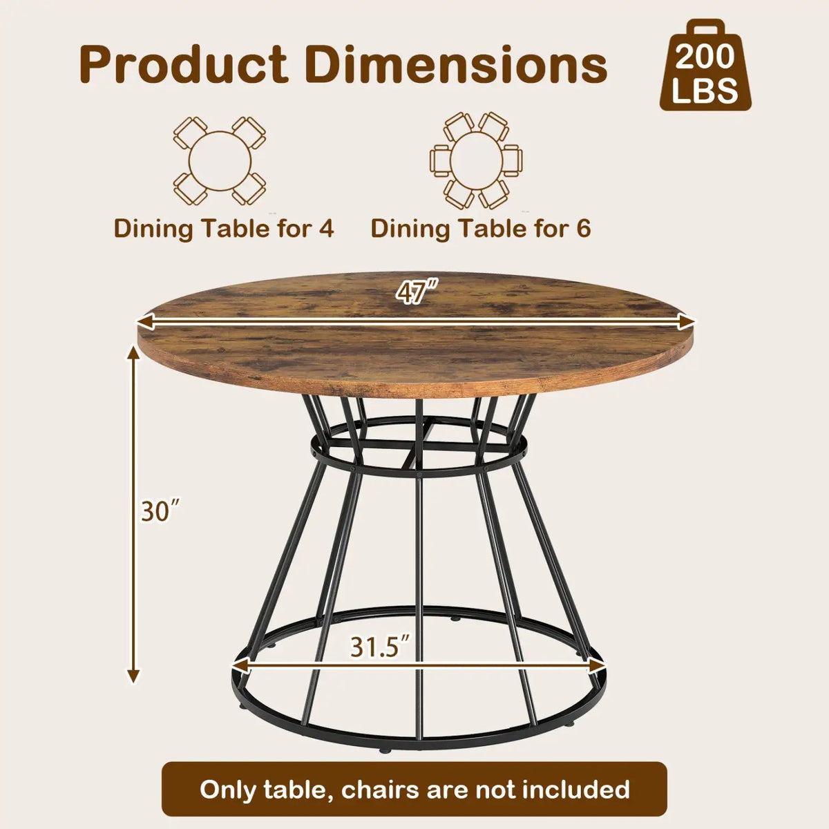 47 Inches Round Dining Table for 4 Farmhouse Kitchen Table with Wooden Tabletop by DirectDeals