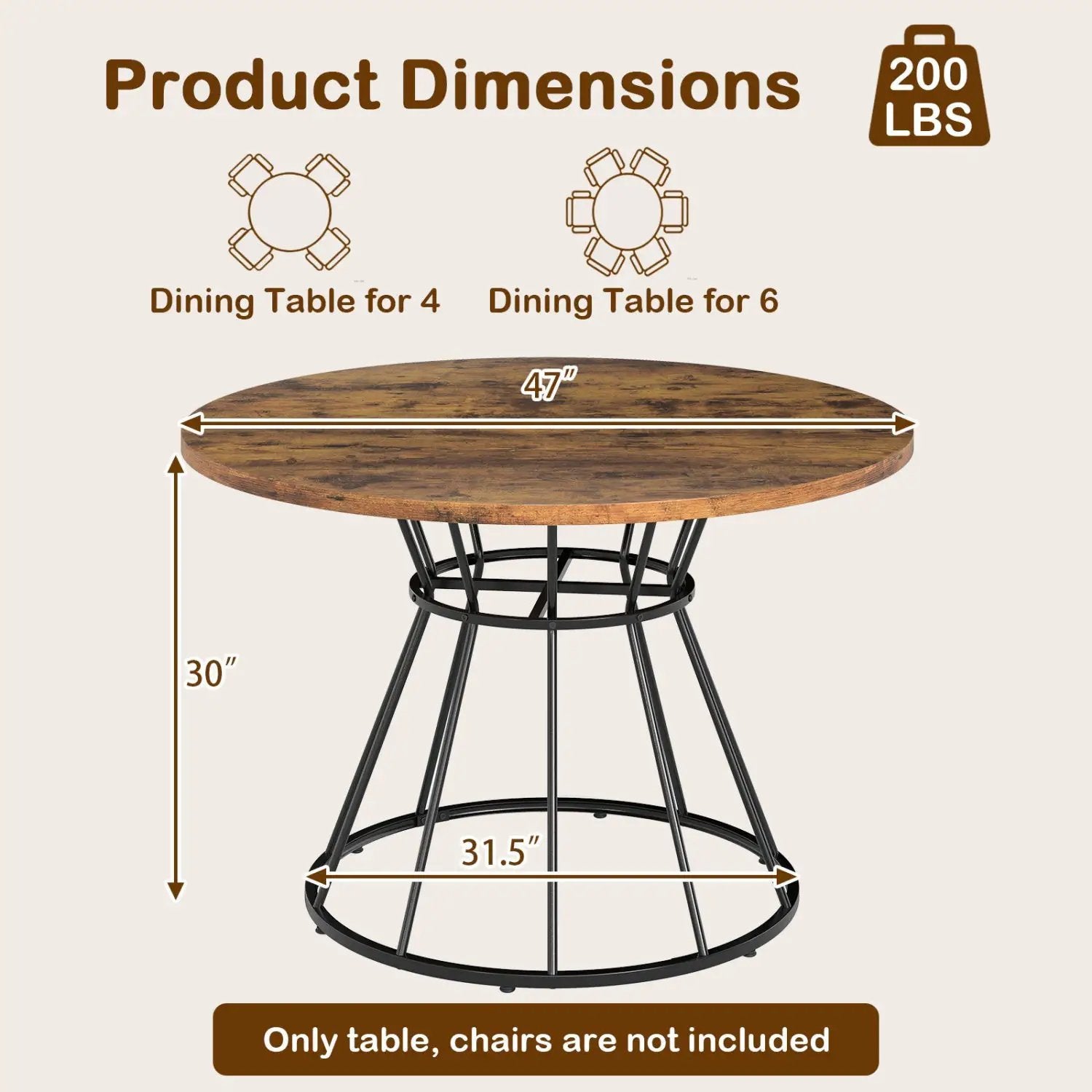 47 Inches Round Dining Table for 4 Farmhouse Kitchen Table with Wooden Tabletop by DirectDeals