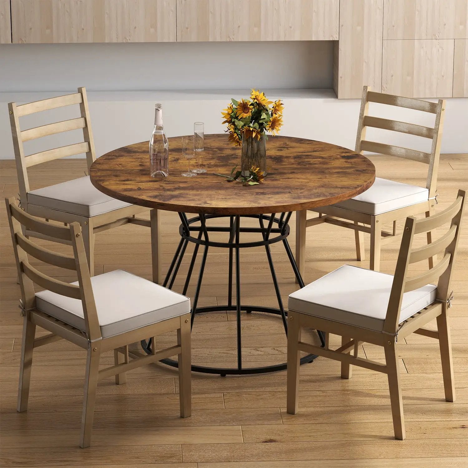 47 Inches Round Dining Table for 4 Farmhouse Kitchen Table with Wooden Tabletop by DirectDeals