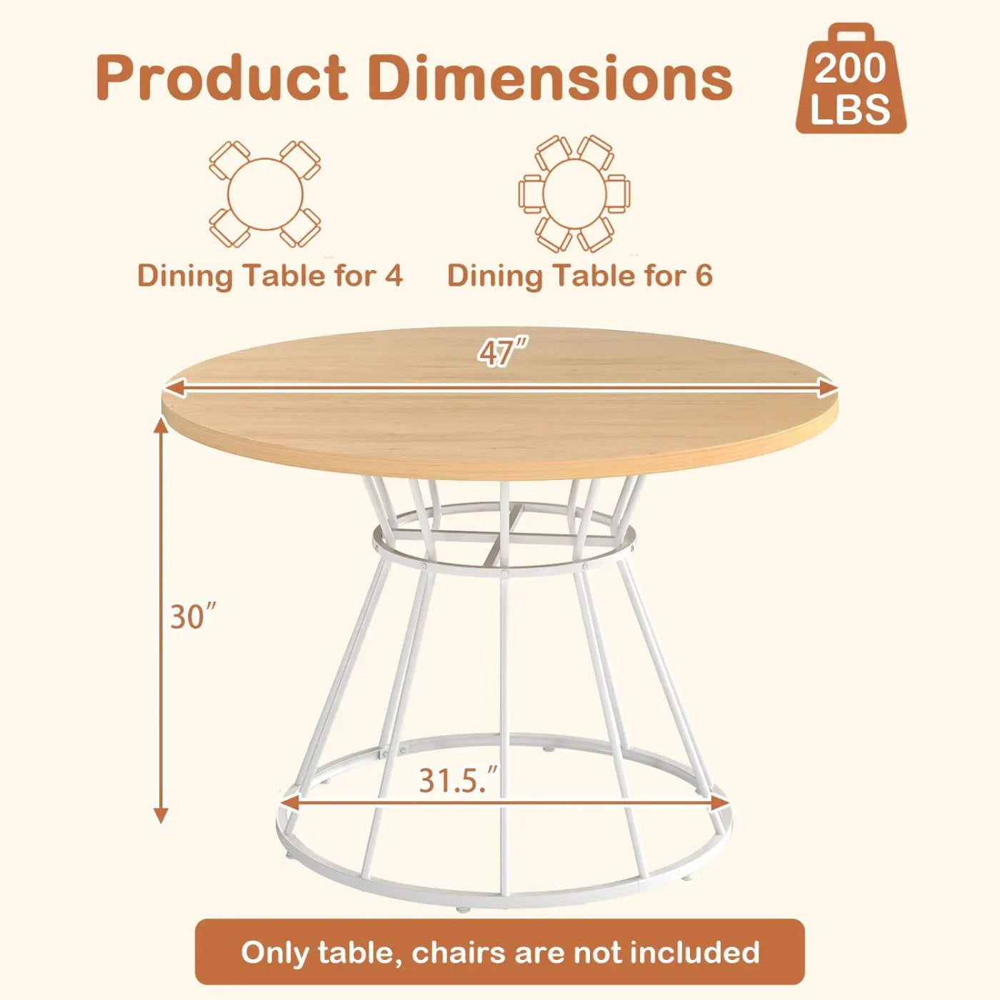 47 Inches Round Dining Table for 4 Farmhouse Kitchen Table with Wooden Tabletop by DirectDeals