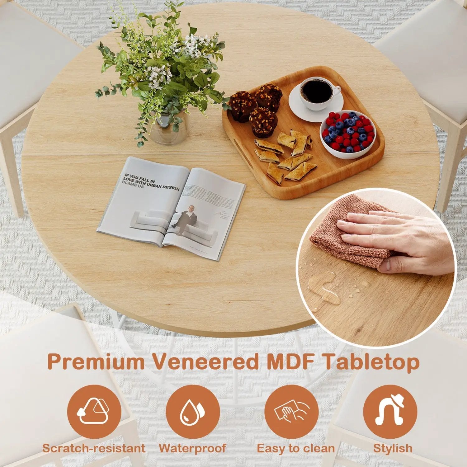 47 Inches Round Dining Table for 4 Farmhouse Kitchen Table with Wooden Tabletop by DirectDeals