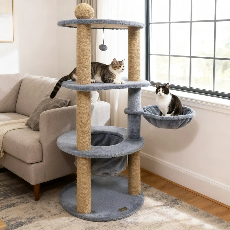 47 Inches Tall Cat Tower with Cat Nest and Scratching Posts-Gray by DirectDeals