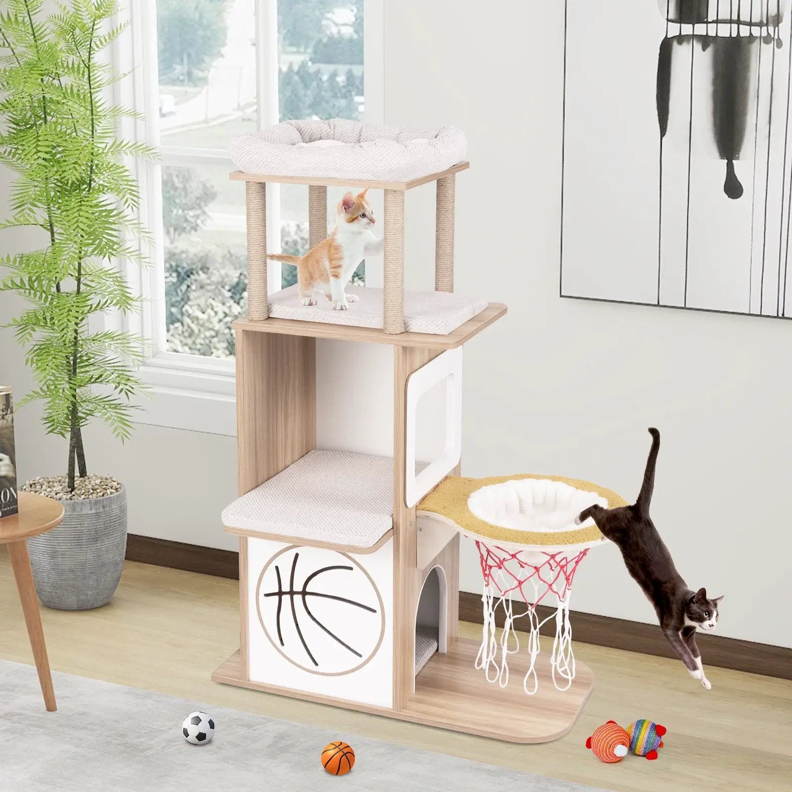 47 Inches Wooden Cat Tree with 2-Story Cat Condo and Basketball Hoop Hammock-Natural by DirectDeals
