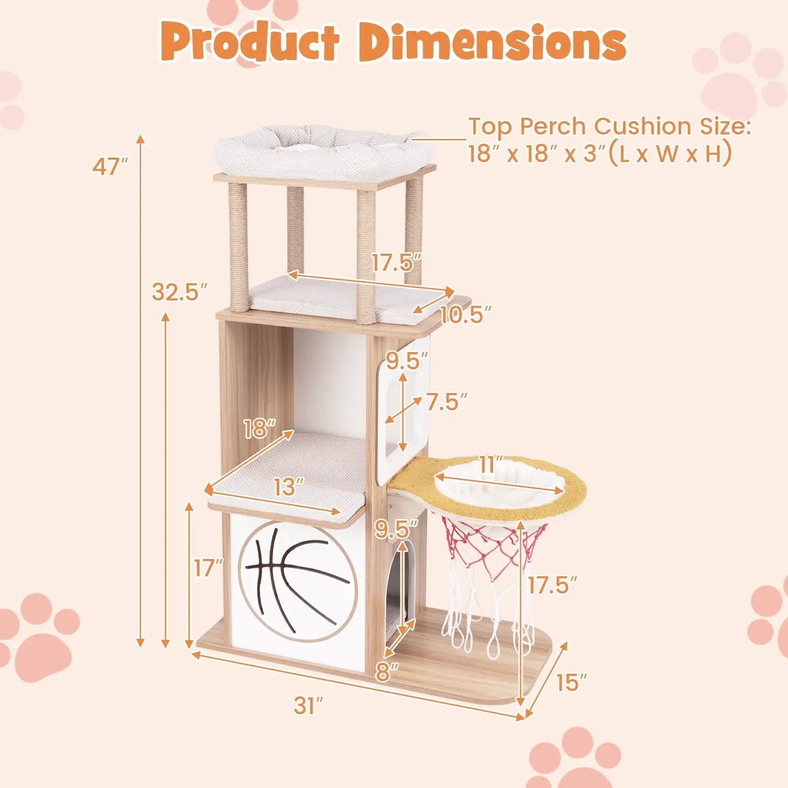 47 Inches Wooden Cat Tree with 2-Story Cat Condo and Basketball Hoop Hammock-Natural by DirectDeals