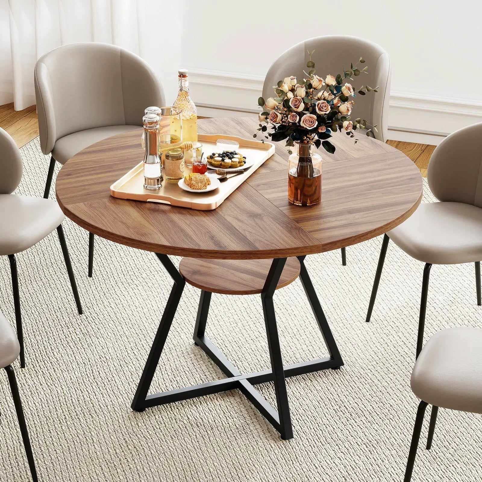 47" Round Dining Table for 4 with Storage Shelf-Brown by DirectDeals