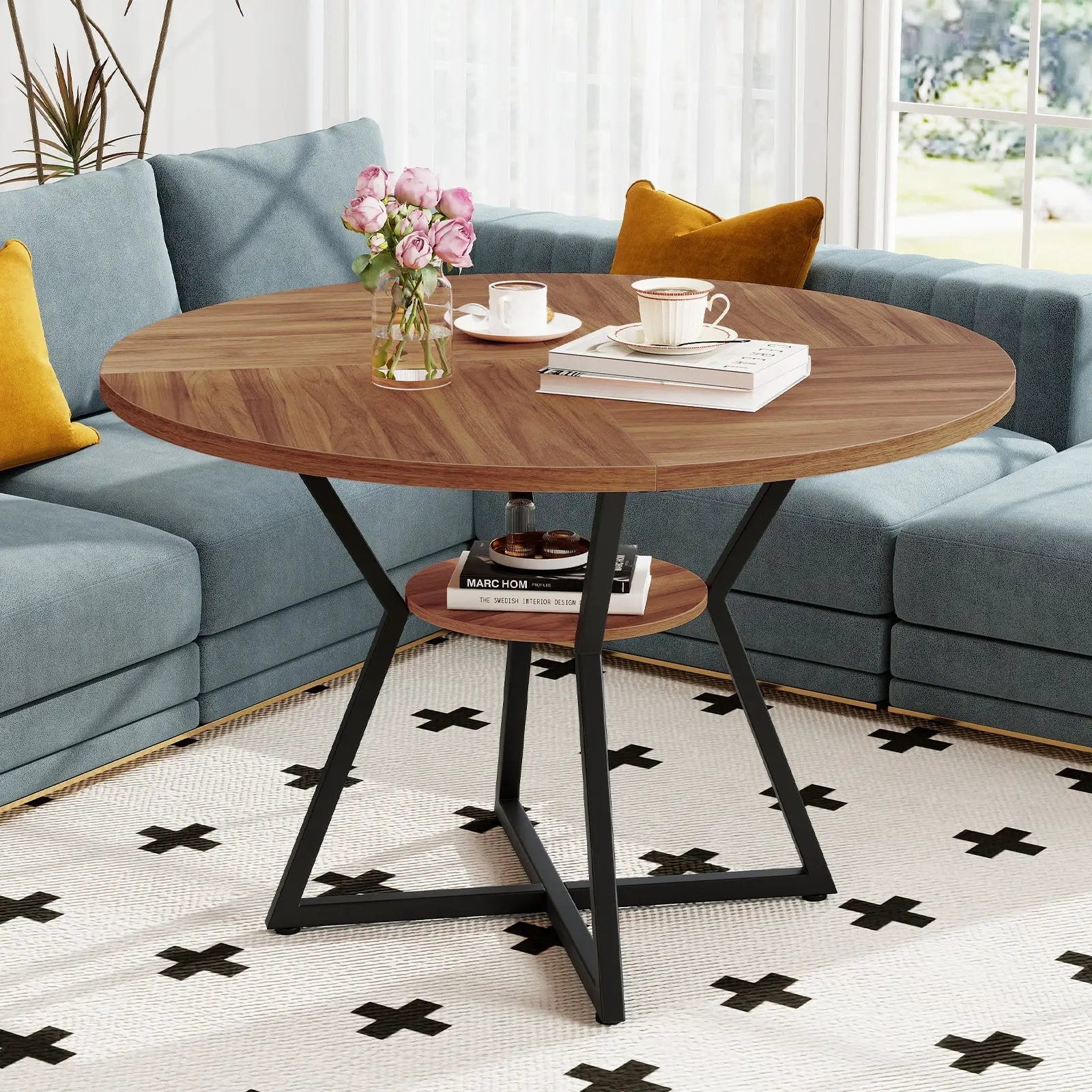 47" Round Dining Table for 4 with Storage Shelf-Brown by DirectDeals