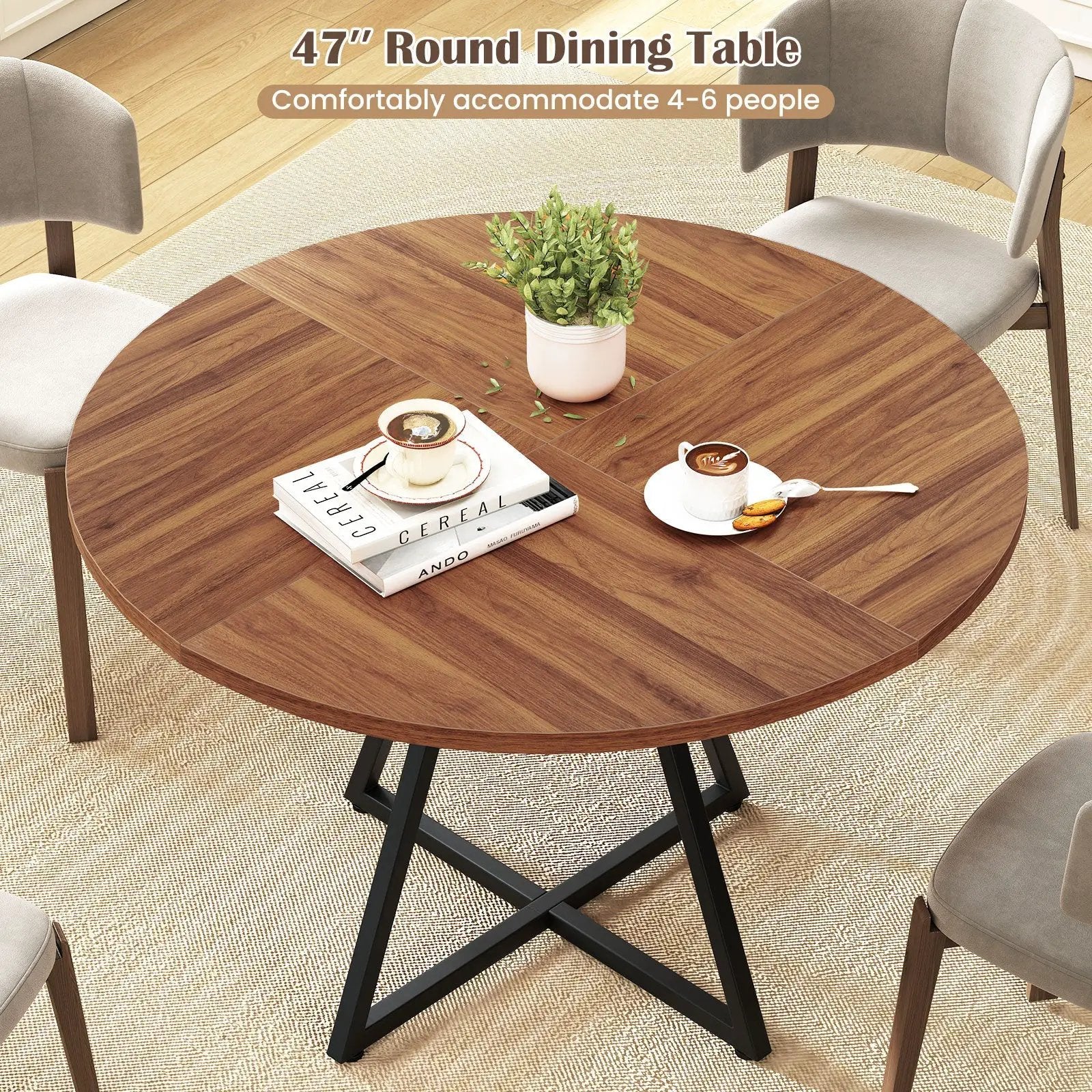 47" Round Dining Table for 4 with Storage Shelf-Brown by DirectDeals