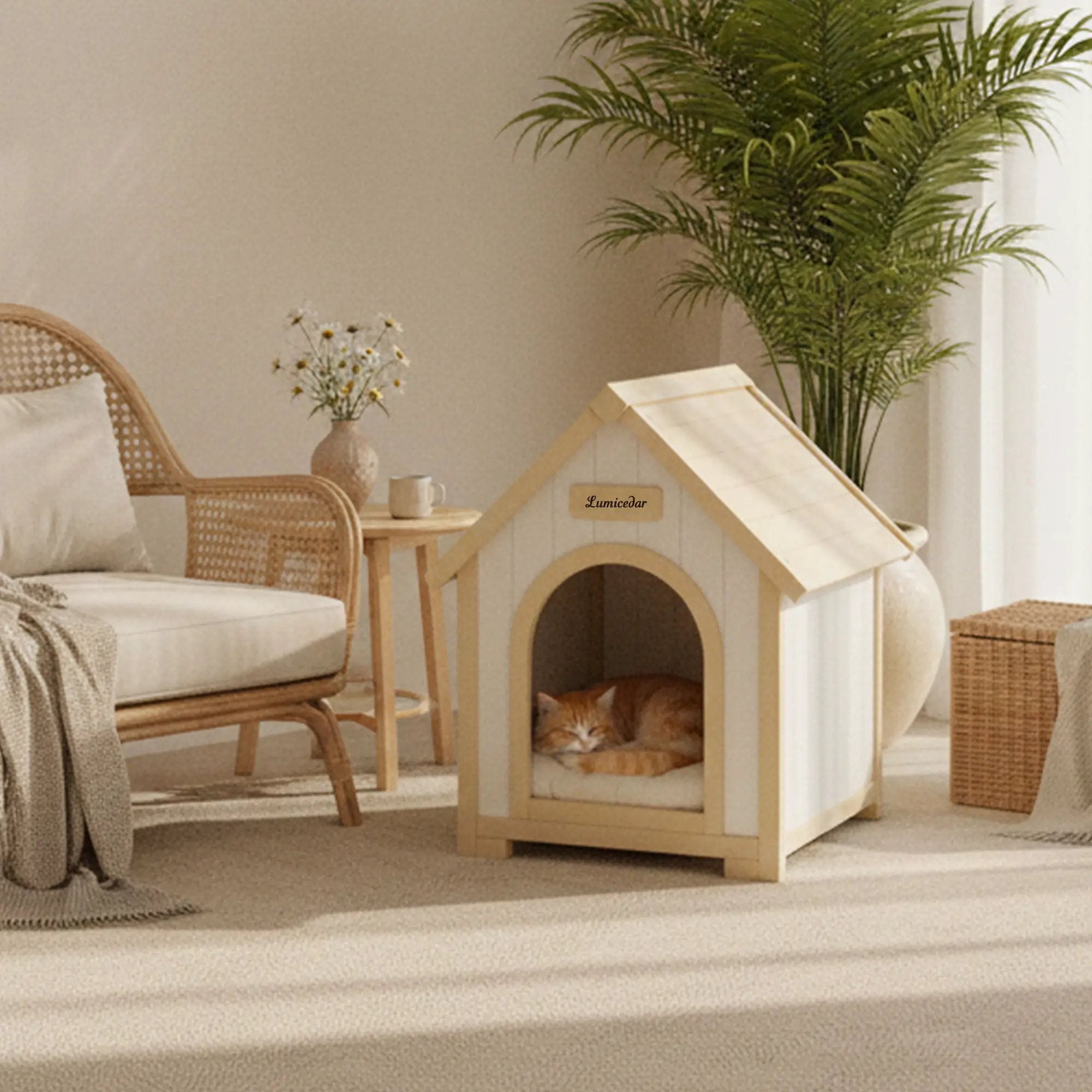 Indoor Dog House With Cushion Pet House For Small Dogs & Cats - Creamy White / Light Yellow by HouseOfZazla