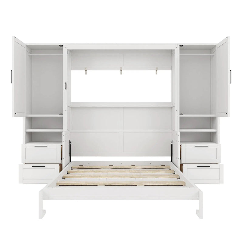 Queen Size Murphy Bed Wall Bed with Closet, Drawers and Shelves, White by HouseOfZazla