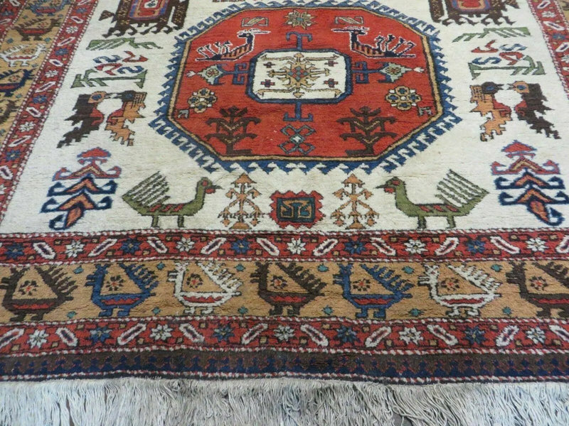 7' X 10' Vintage Handmade Knotted Turkish Wool Rug Birds Animal Ivory Organic by Jewel Rugs