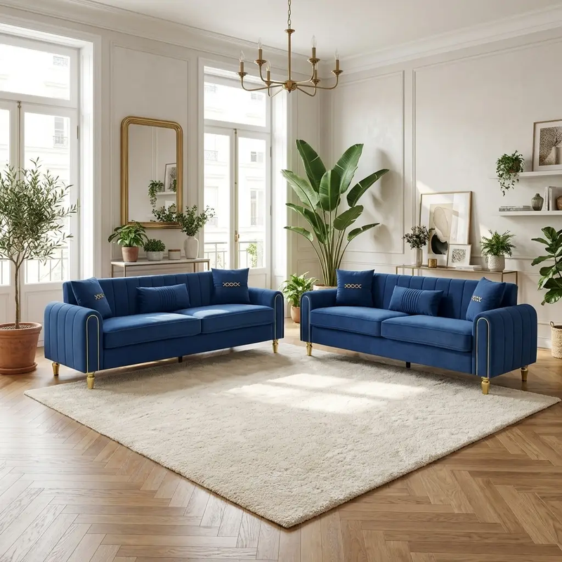 Vintage Blue Velvet 2-Piece Sofa Set by HouseOfZazla