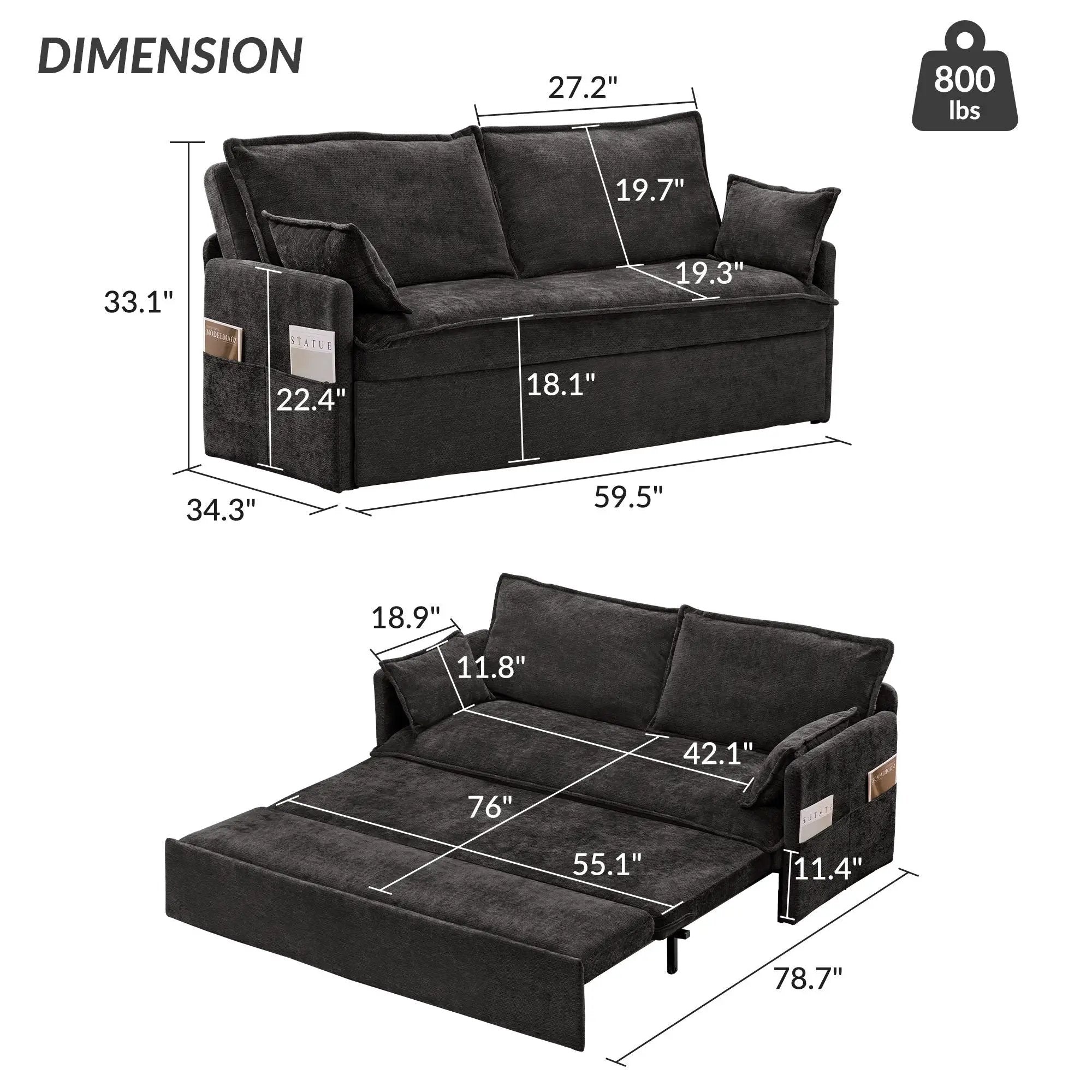 Pull Out Sofa Bed, Convertible Sleeper Sofa Couch, Side Storage, And USB / C - Type Charging Ports Chair by Unique Piece Furniture