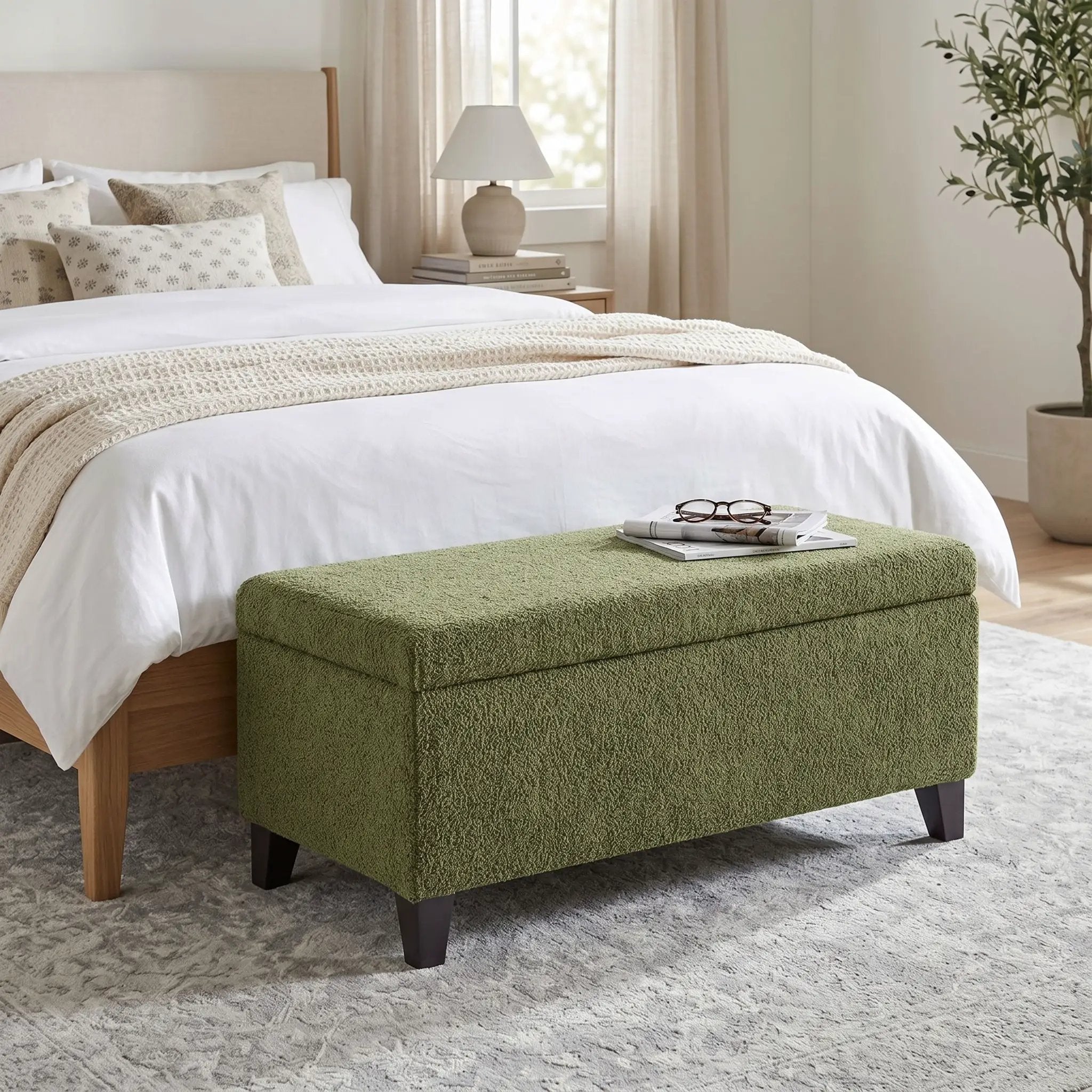Storage Ottoman with Flip-Top Lid, Easy Assembly, Boucle Fabric & Rubber Wood Legs by HouseOfZazla