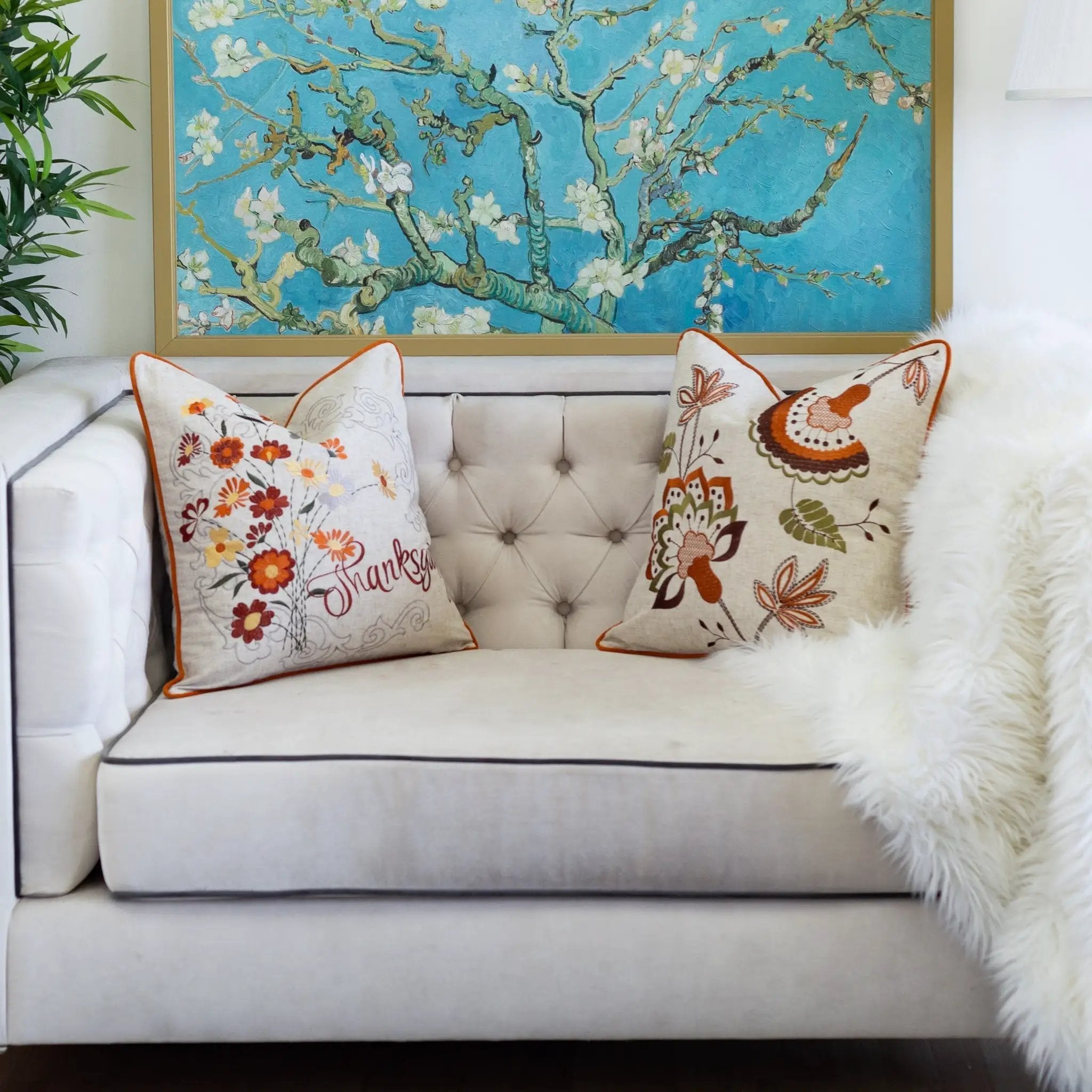 Thanksgiving Embroidered Floral Throw Pillow by HouseOfZazla