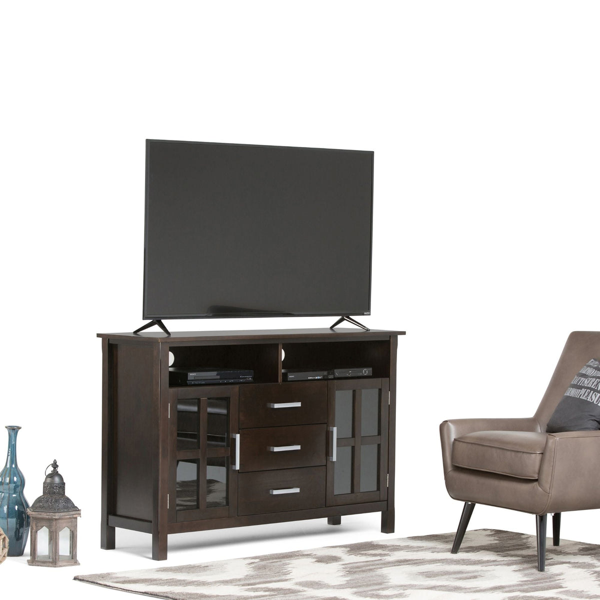 Handcrafted TV Media Stand with Glass Doors and Adjustable Storage - Dark Brown, photo 4 of 10