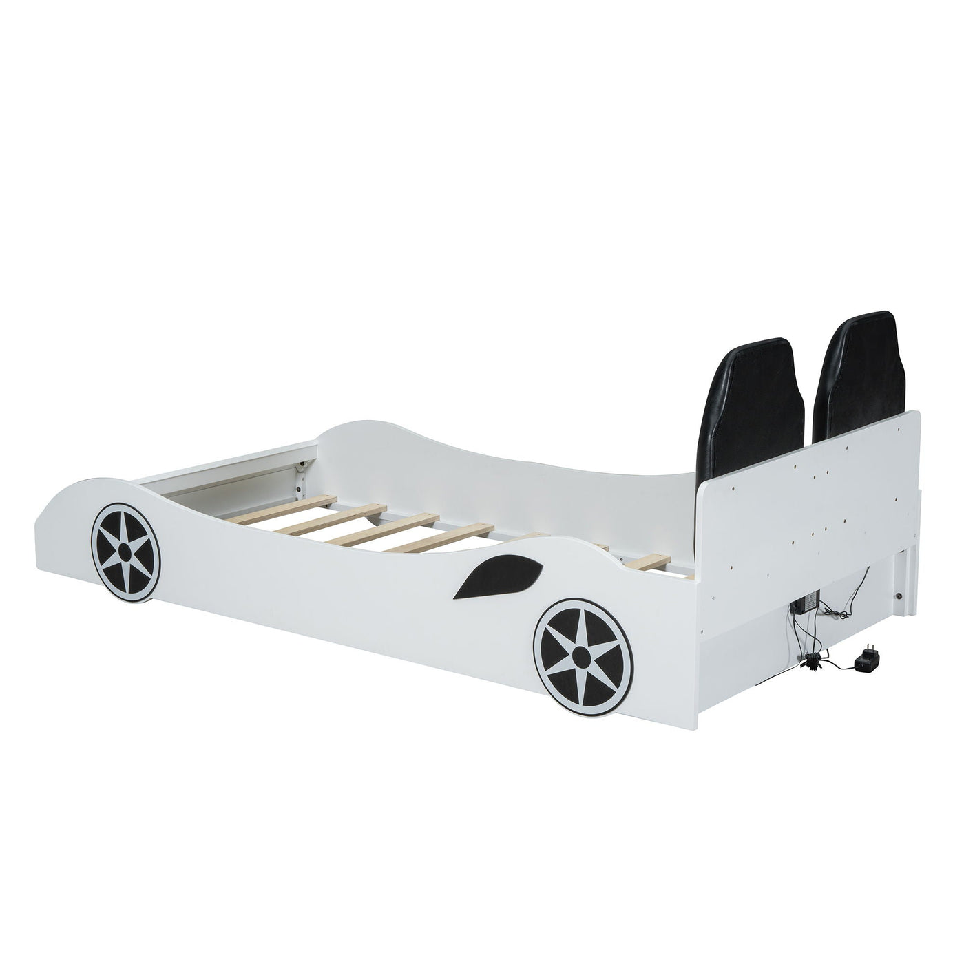 Race Car Shaped Platform Bed With LED And Upholstered Backrest In by HouseOfZazla