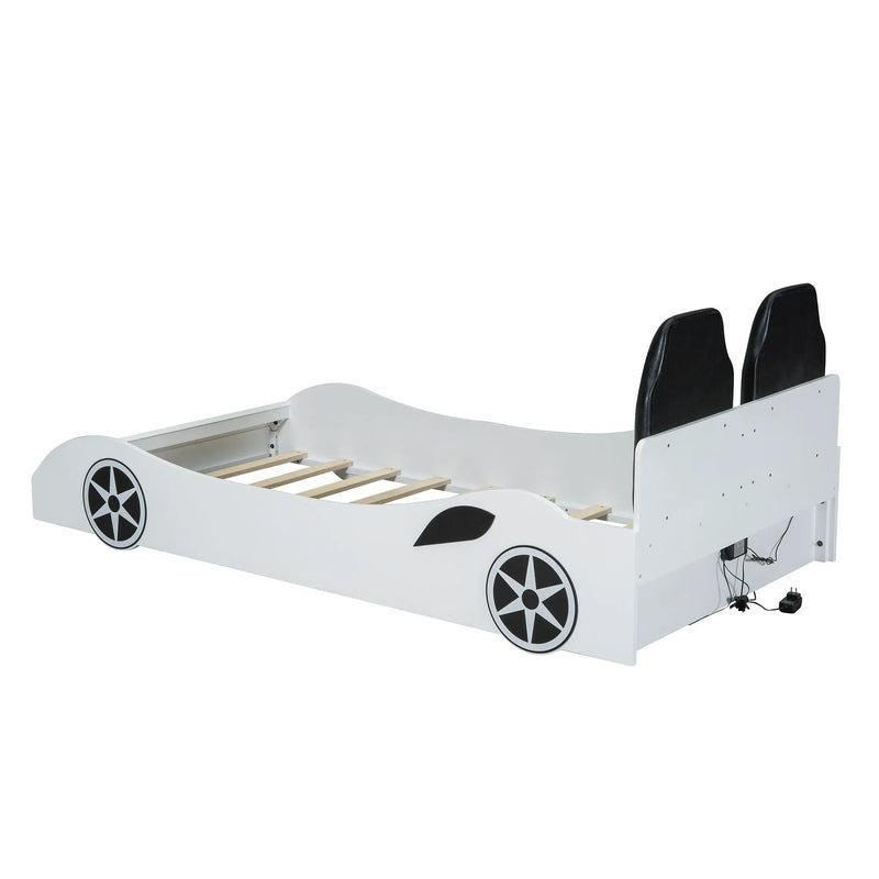 Race Car Shaped Platform Bed With LED And Upholstered Backrest In by HouseOfZazla