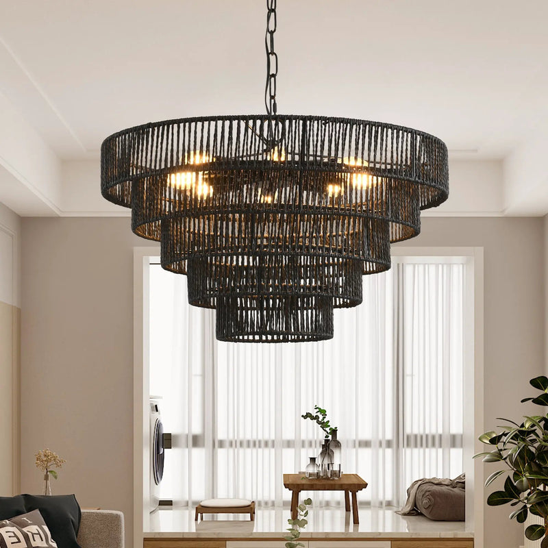 24' Rustic 5-Tier Black Hemp Rope Pendant Light Chandelier by HouseOfZazla