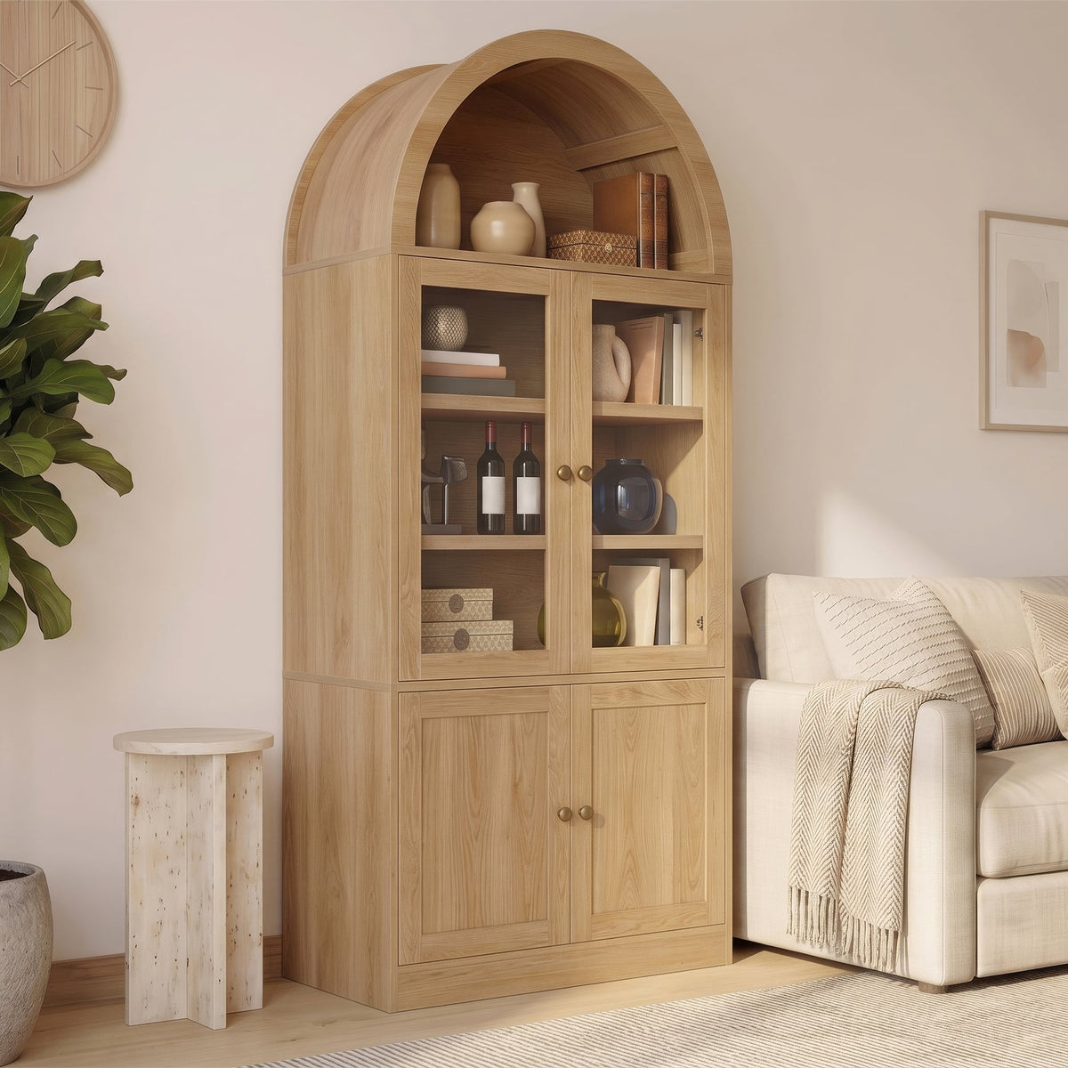 Tall Arched Top Storage Cabinet with Tempered Glass Doors - Natural or White, photo 3 of 10