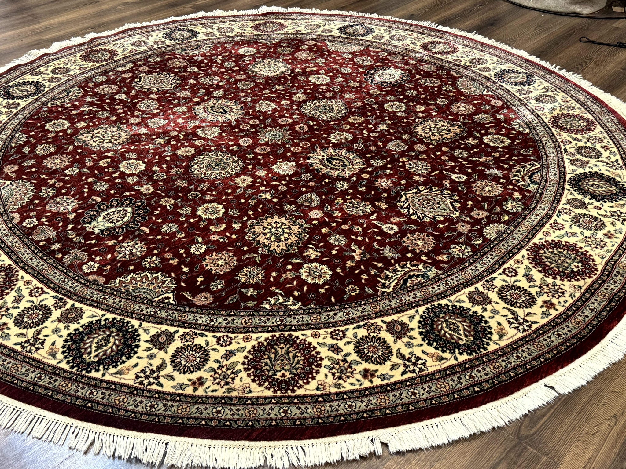 Round Sino Persian Rug 9x9, Burgundy and Cream, Floral, Wool and Silk, 9ft Round Carpet by Jewel Rugs
