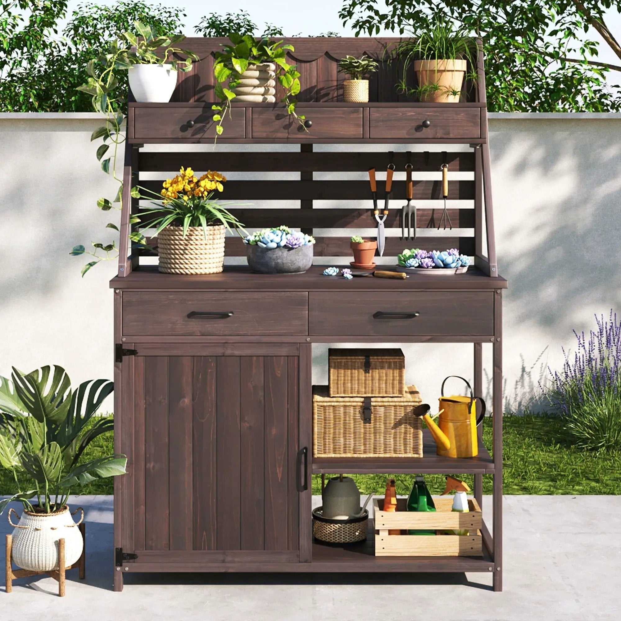 Potting Bench With 5 Drawer Storage And Slatted Back Panel, Garden Workstation - Brown by HouseOfZazla