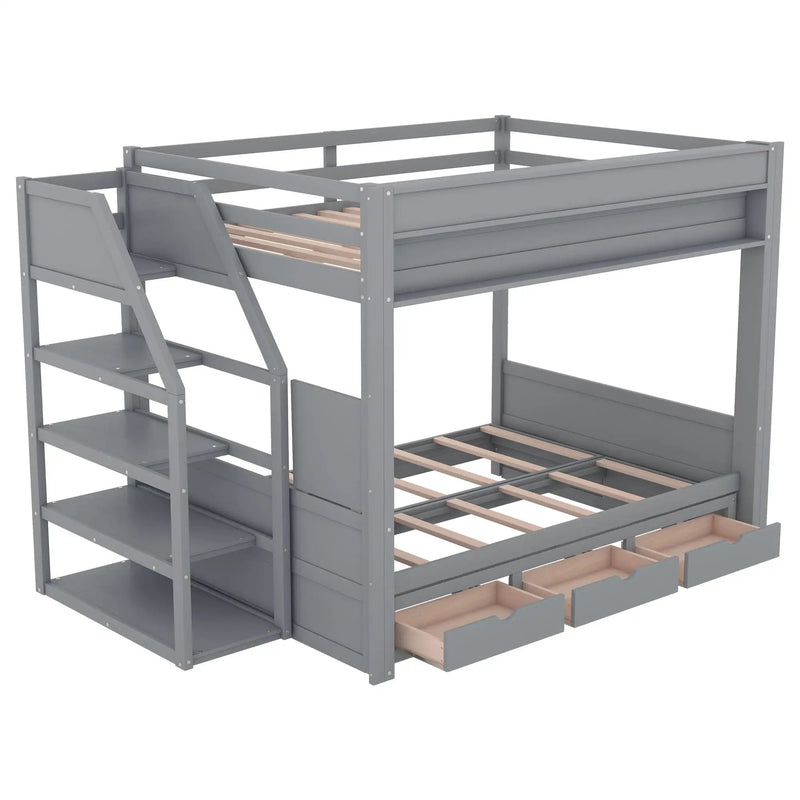 Wood Full Size Convertible Bunk Bed With Storage Staircase, Bedside Table, And 3 Drawers - Gray by HouseOfZazla