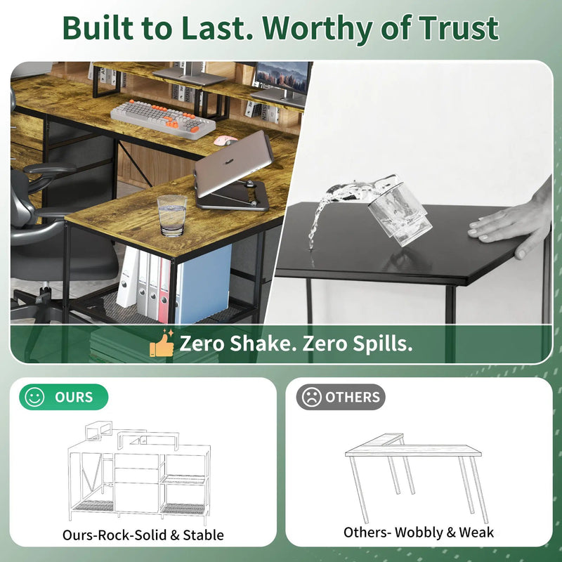 Industrial L Shaped Computer Desk With Power Outlets & USB-C, 6 Fabric Drawers, 3 Open Shelves, Movable Monitor Stands - Brown by Unique Piece Furniture