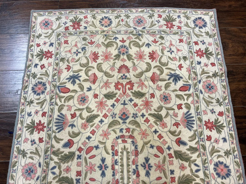 Hand Stitched Indian Rug 4x5, Floral, Vintage Hand Embroidered Rug by Jewel Rugs
