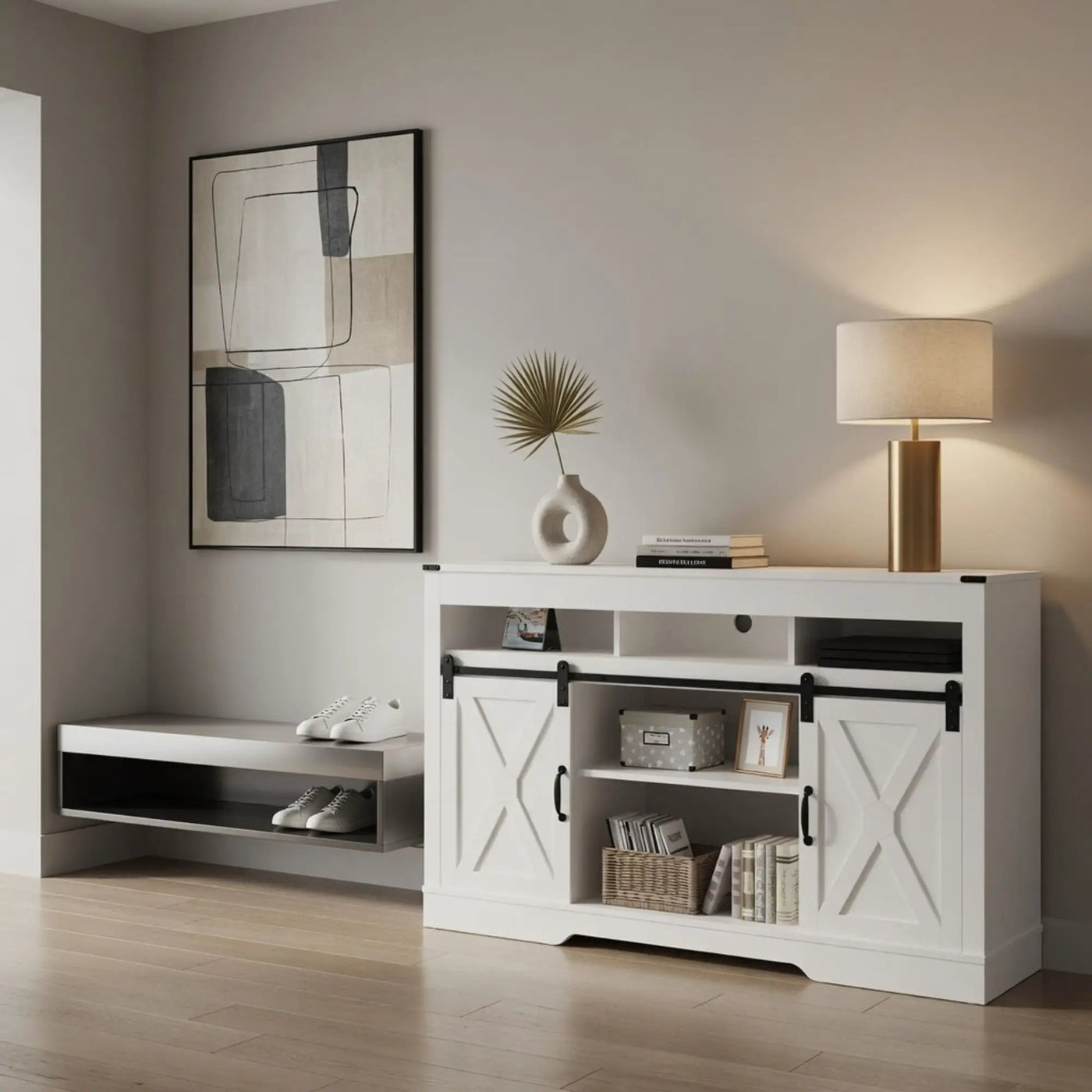 Farmhouse TV Stand With Sliding Barn Doors & Adjustable Storage by HouseOfZazla