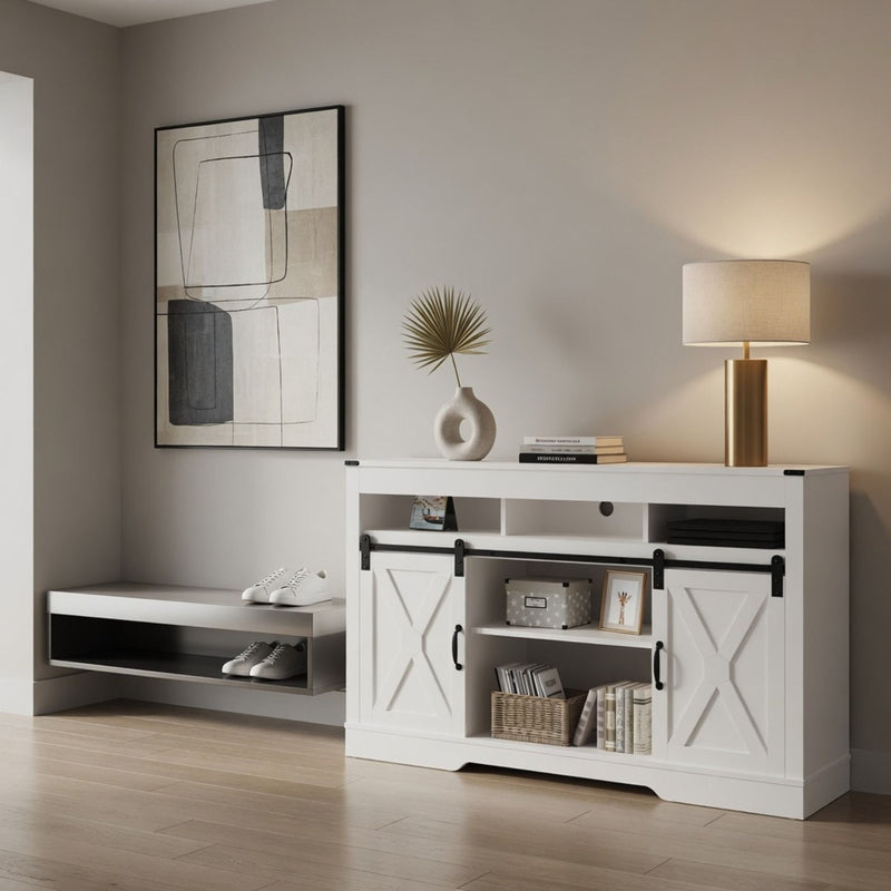 Farmhouse TV Stand With Sliding Barn Doors & Adjustable Storage by HouseOfZazla