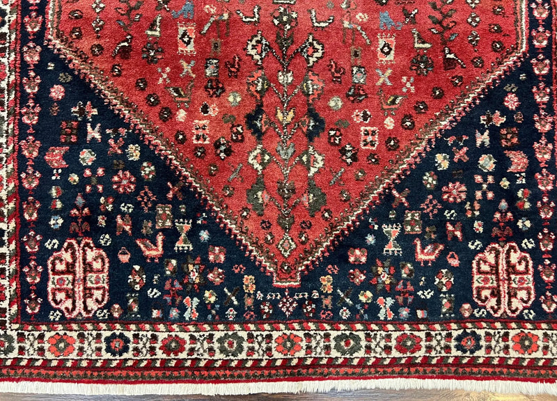 Persian Tribal Rug 3.6 x 5 ft, Persian Abadeh Rug, Geometric Medallion Bird Motifs, Red and Navy Blue Hand Knotted Handmade Wool Vintage Oriental Carpet by Jewel Rugs