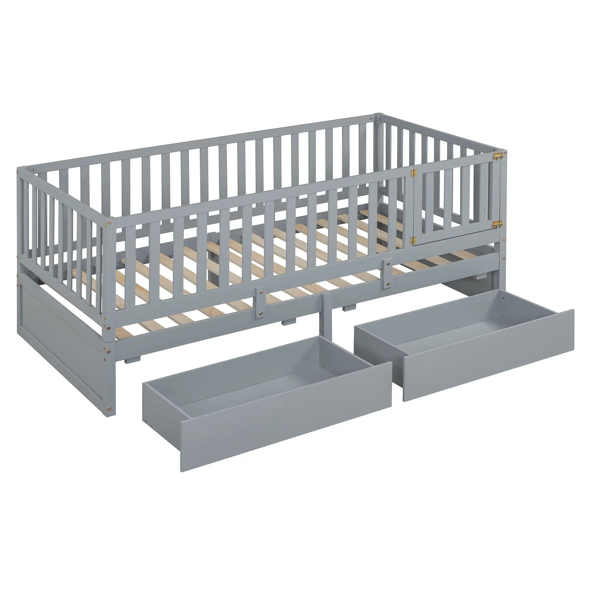 Daybed With Fence Guardrails And 2 Drawers, Split Into Independent Floor Bed & Daybed by HouseOfZazla