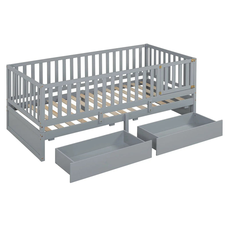 Daybed With Fence Guardrails And 2 Drawers, Split Into Independent Floor Bed & Daybed by HouseOfZazla
