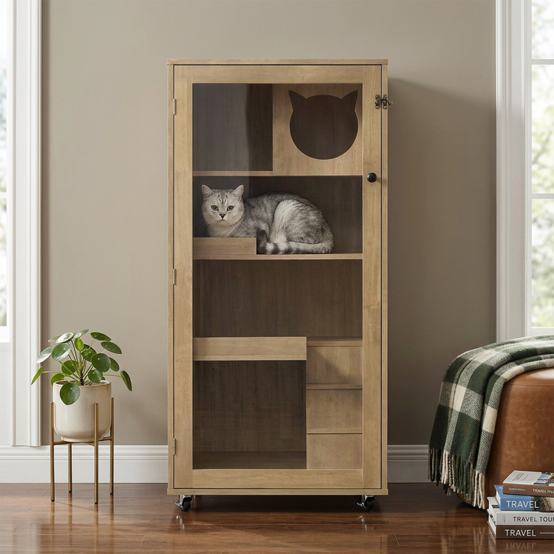 Basia Rubber Wood Cat Cabinet with Wheels by HouseOfZazla