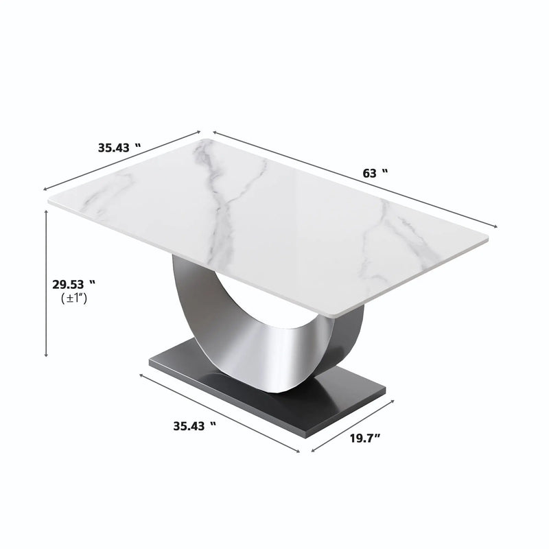 63" Modern Artificial Stone Crescent-Shaped Metal Legs, Can Accommodate 6-8 People - White / Black by HouseOfZazla