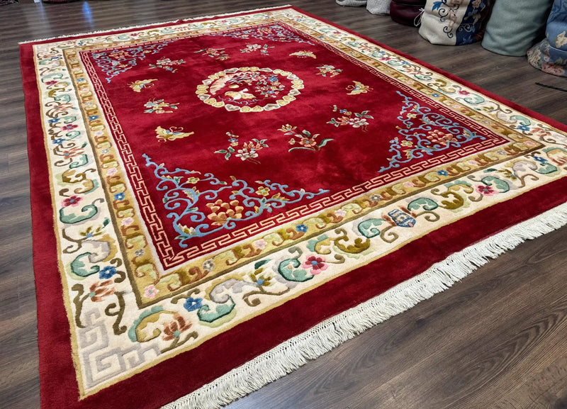 Indo Chinese Wool Rug 9x12, Red Art Deco Carpet, Vintage by Jewel Rugs