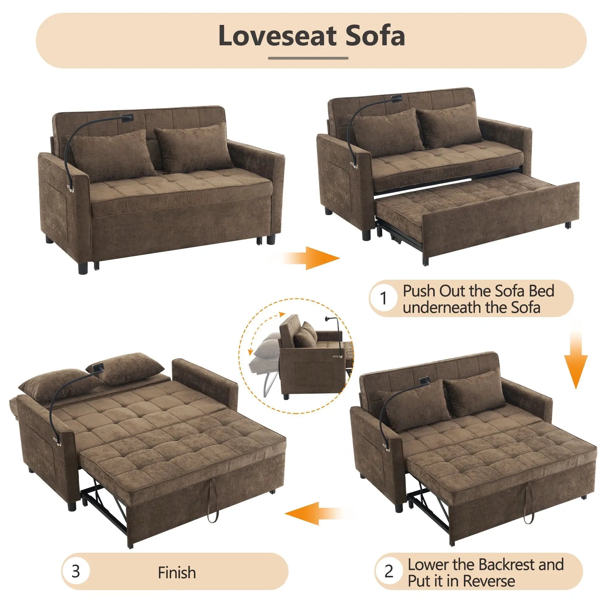 Pull-Out Sleeper Sofa With Reversible Backrest Cushion, Side Pockets, 2 USB Ports And A Phone Holder For Living Room by Unique Piece Furniture
