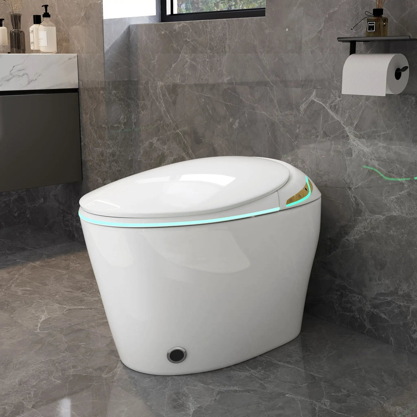 Unique Smart Toile With Built In Bidet, Auto Open / Close Seat, Foot Sensor, LED Display, Night Light, Warm Water & Dryer Ceramic by HouseOfZazla