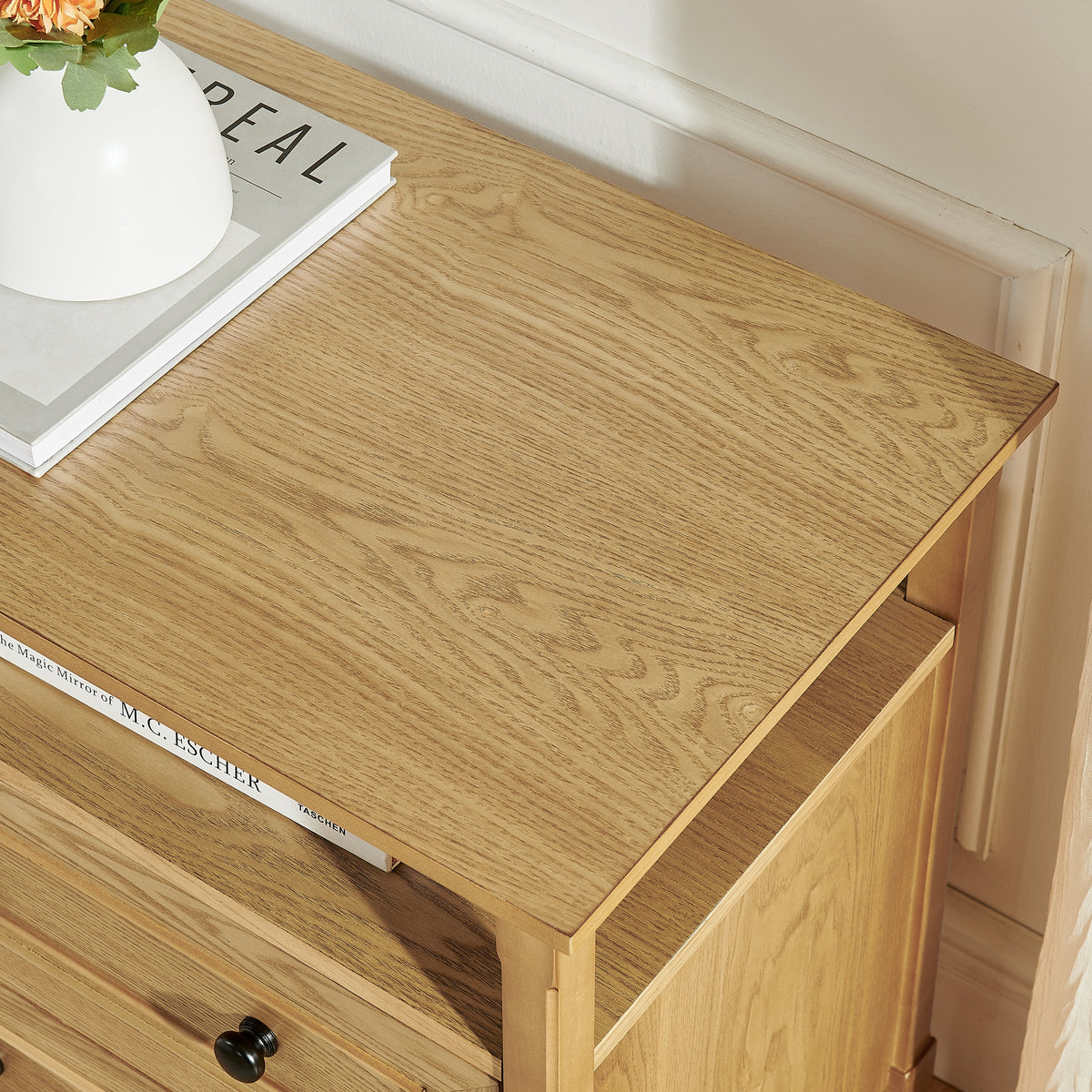 Wooden Bedside Nightstand with Open Cubby & 2 Storage Drawers - Bedroom Cabinet, photo 4 of 10