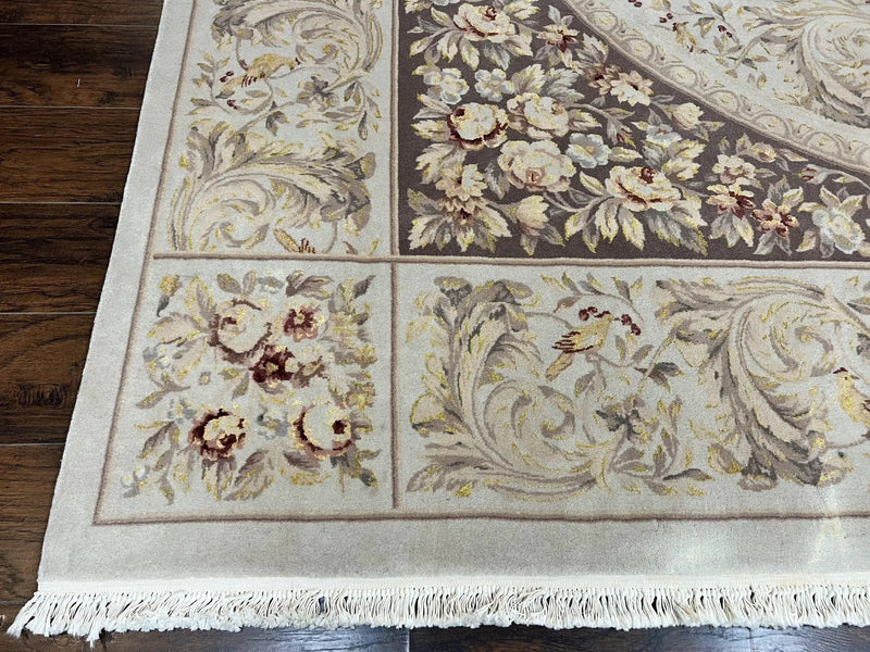 Aubusson Rug 10x14, Wool & Silk Highlights Hand Knotted Vintage Carpet, Birds Flowers, Fine Details, Elegant by Jewel Rugs